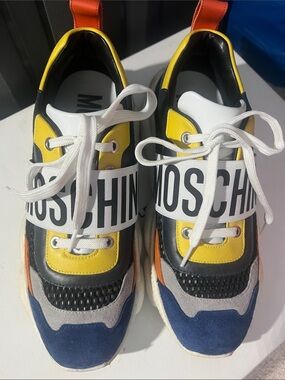 Moschino Yellow Black Blue Accent Logo Strap Sneakers